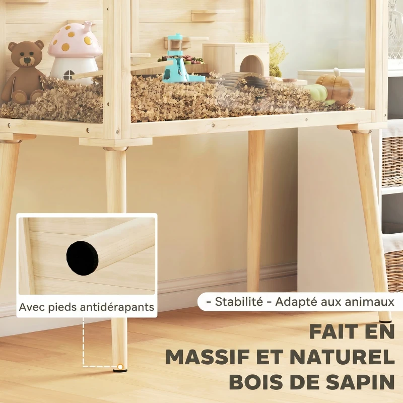 PawHut Cage hamster habitats pour rongeur bois toit ouvrable 7 plateformes 2 balançoires 110x52x101cm effet bois naturel