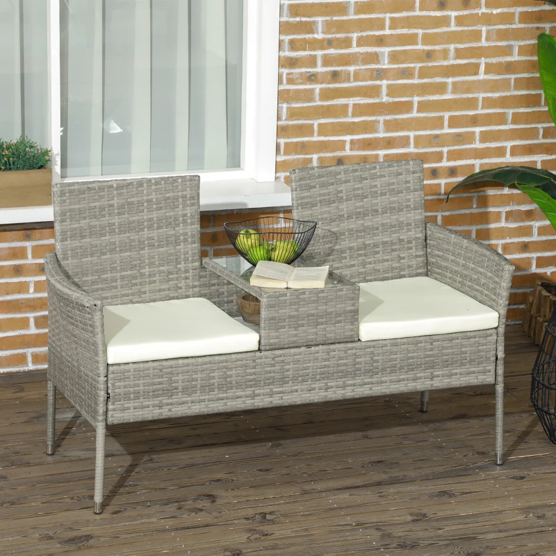 Outsunny Divanetto per Esterni 2 Posti con Tavolino da Caffè, in Acciaio e Rattan PE, 137x59x82 cm, Grigio e Crema