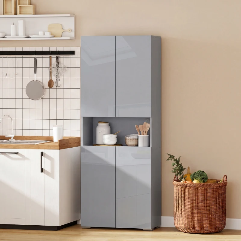 HOMCOM 180 cm Tall Kitchen Cupboard, Pantry Storage Cabinet with Soft Close Doors and Adjustable Shelves, High Gloss Grey