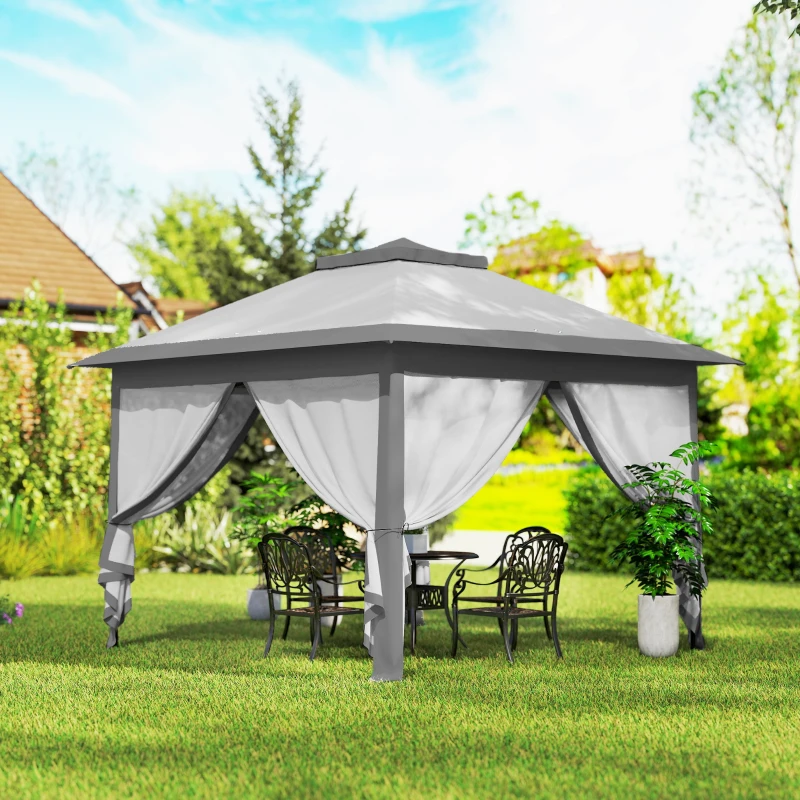 Outsunny Gazebo da Esterno Pieghevole ad Altezza Regolabile con Zanzariere, 3.3x3.3x2.8 m, Grigio
