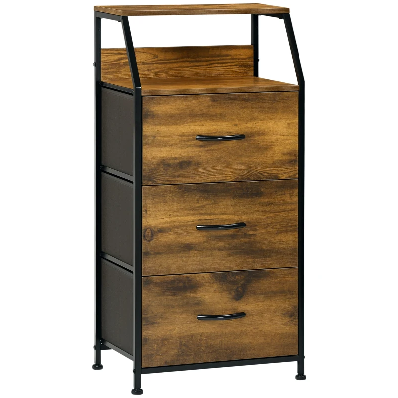 HOMCOM Industrial Storage Cabinet, Fabric Chest of Drawers with Display Shelves, 3 Drawers Storage Unit for Living Room, Rustic Brown