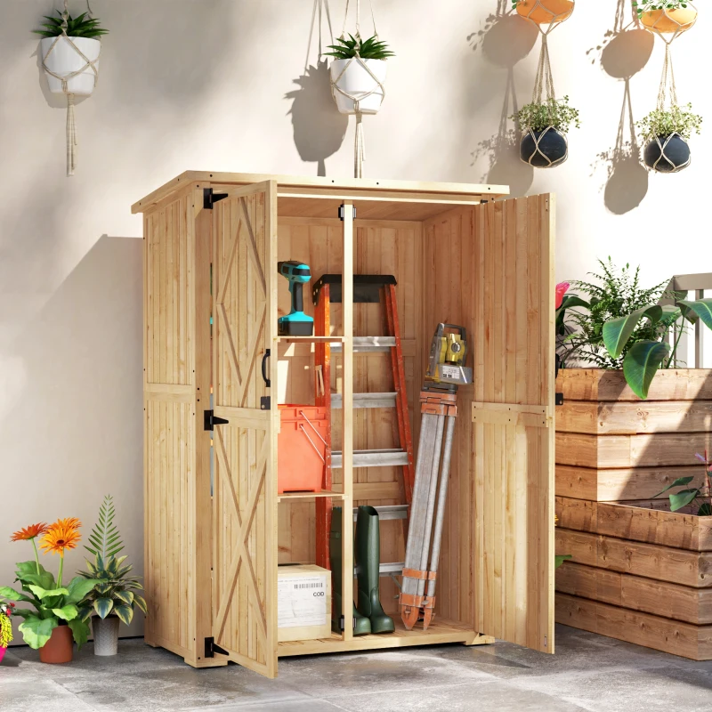 Outsunny Abrigo de armazenamento para jardim, casinha de madeira para ferramentas e equipamentos de jardim, telhado de betume, portas duplas, madeira de abeto, castanho claro