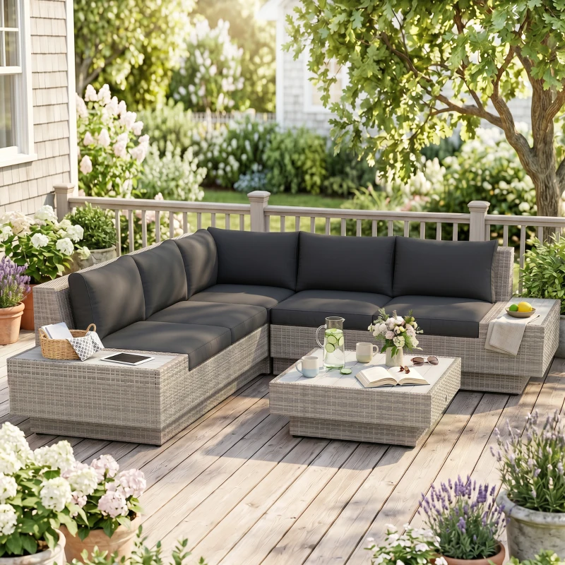Outsunny 4 PCs Rattan Garden Furniture Outdoor Sectional Corner Sofa and Coffee Table Set - Conservatory Wicker Weave Furniture with Armrest and Cushions, Light Grey