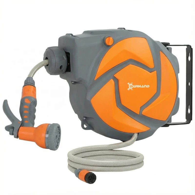 DURHAND Manguera Retráctil de Pared con Carrete de 10+1 m con Retorno Enrollado Automático y Boquilla de 7 Funciones Gira 180°