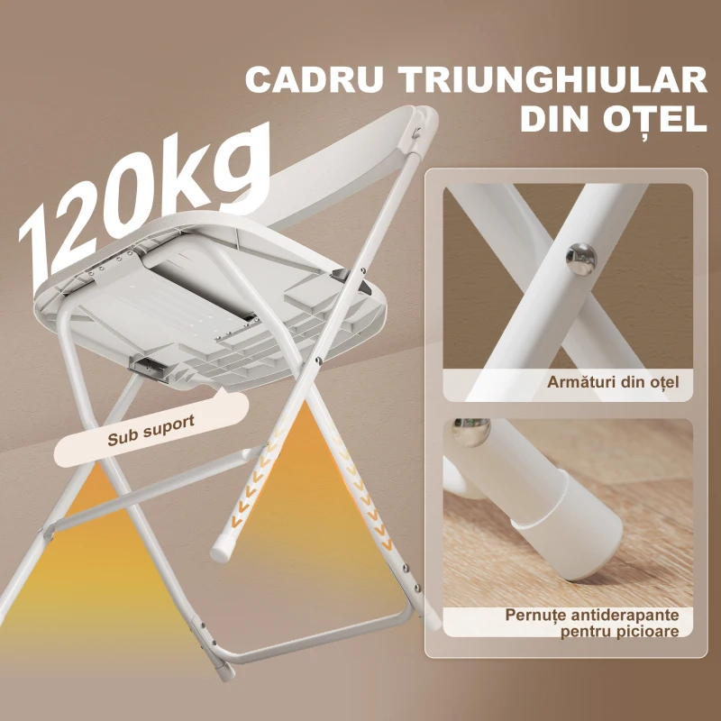 HOMCOM, Set de 4 Scaune Pliabile, Cu Orificii de Drenaj, Din Plastic și Metal, 45x49x79.5 cm, Alb
