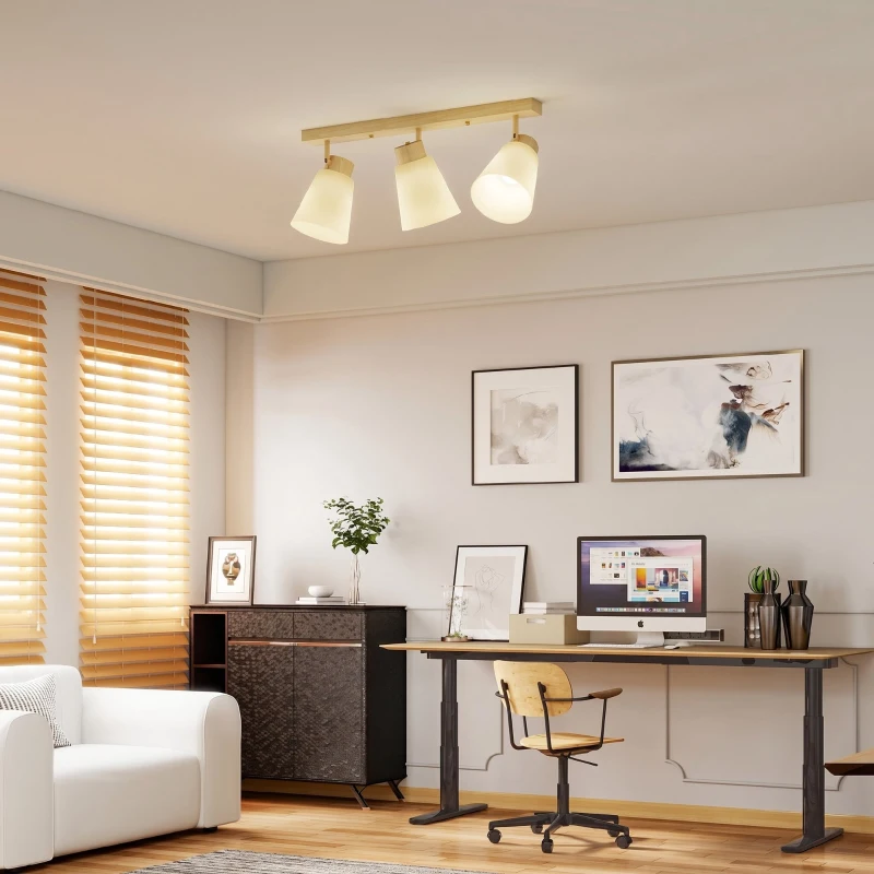 HOMCOM Candelabru de Tavan cu 3 Puncte de Lumină Reglabile la 90° și Dulii E27, Culoare Lemn