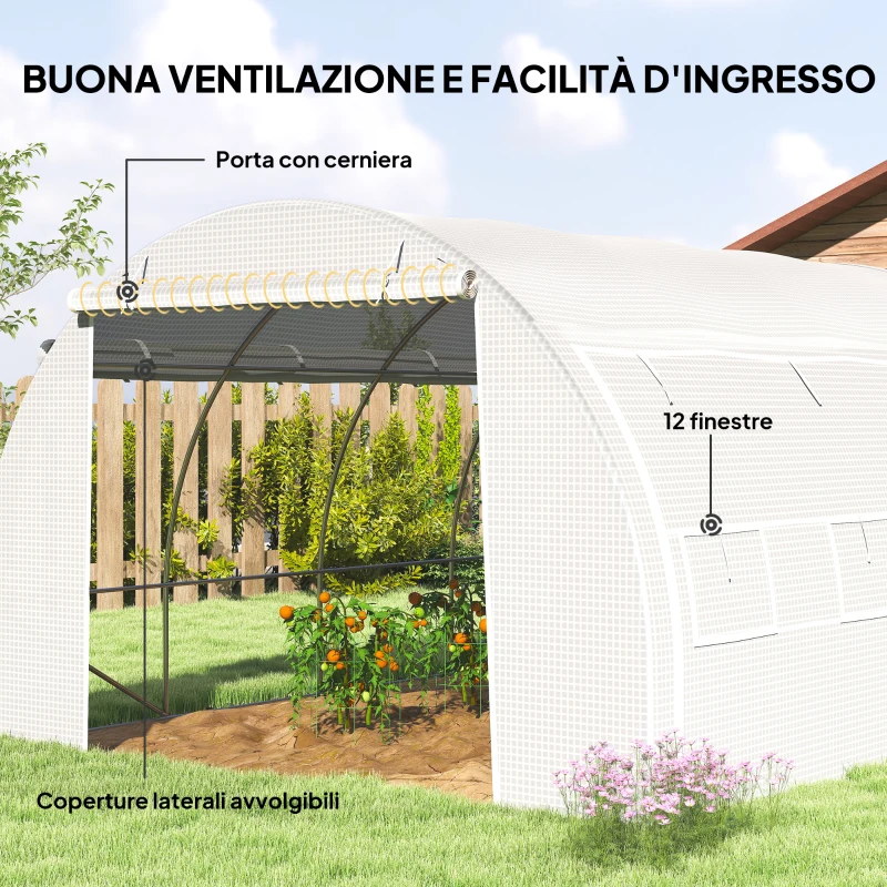 Outsunny Serra a Tunnel con Porta, Pannelli e 8 Finestre Avvolgibili, in Acciaio Zincato e PE, 3.97x3x2 m, Bianco