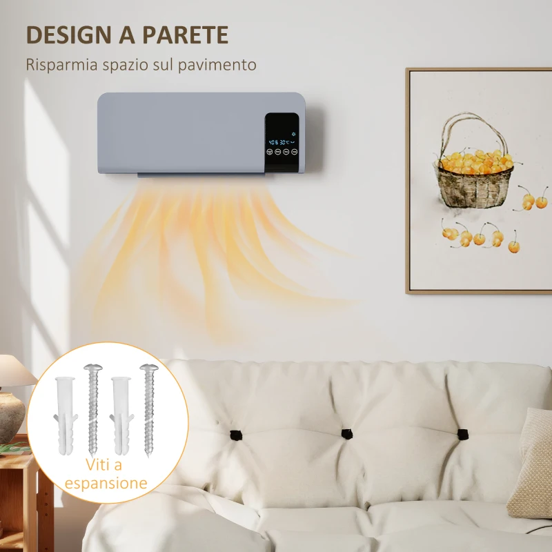 HOMCOM Termoventilatore da Parete Oscillante con Telecomando, Timer 12h e 2 Modalità, 54.5x12x21.5 cm, Grigio