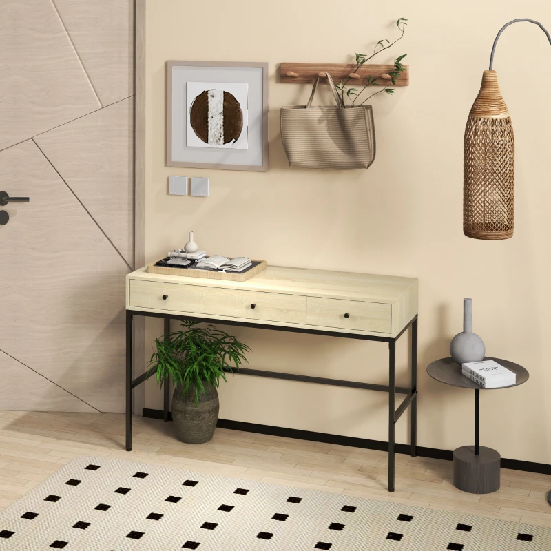 HOMCOM Table console table d'entrée structure en acier 3 tiroirs effet bois style industriel 120 x 39,8 x 78 cm naturel noir