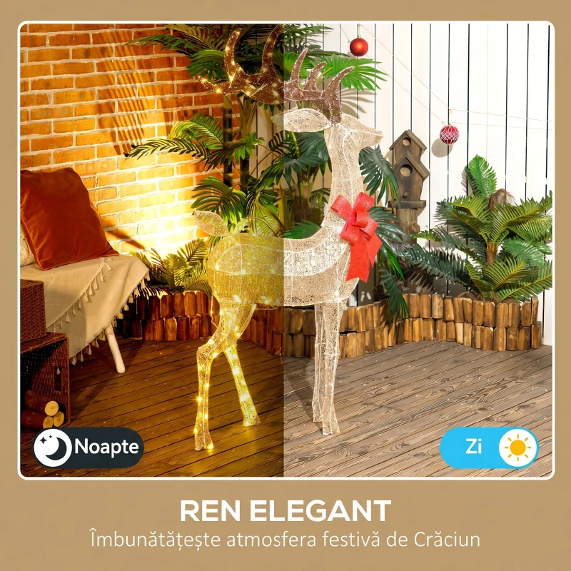 Outsunny Decorațiune de Crăciun pentru Exterior în Formă de Ren cu 137 de Lumini LED pentru Casă și Grădină, Culoare Aurie