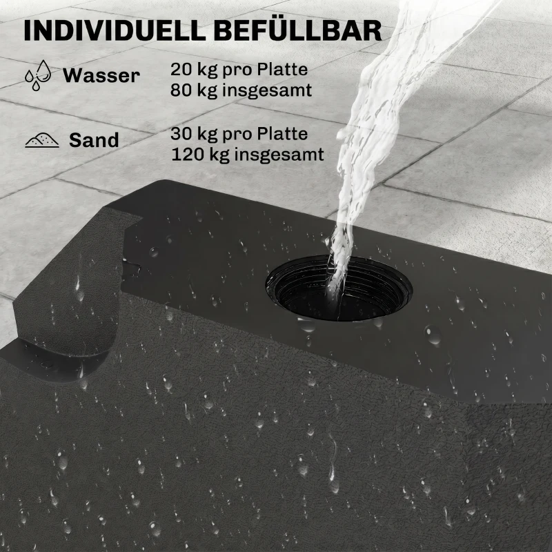 Outsunny Schirmgewicht, 4-tlg. Schirmständer, mit 80 kg Wasser oder 120 kg Sand befüllbar, HDPE, Schwarz, 100 x 100 x 9,5 cm