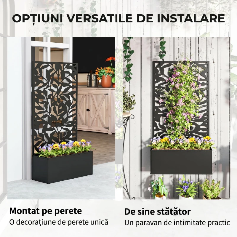 Outsunny Ghiveci cu spallier pentru plante cățărătoare din oțel, montare pe perete sau pe podea, 61x23x113 cm, negru