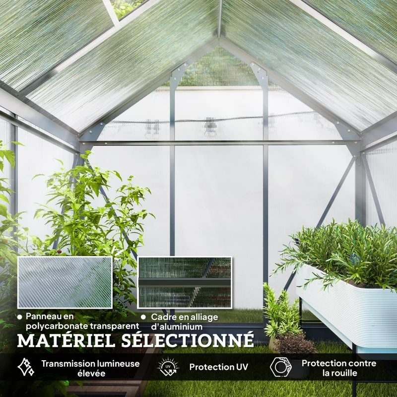 Outsunny Serre de jardin polycarbonate 190 x 132 x 201 cm résistant aux UV 30+ fondation renforcé gouttière gris