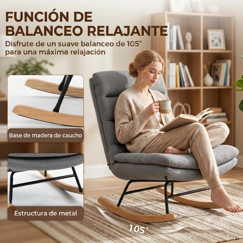 HOMCOM Mecedora Tapizado de Lino con Cojín Lumbar Respaldo Alto Asiento Amplio Doble Capa Gris Claro