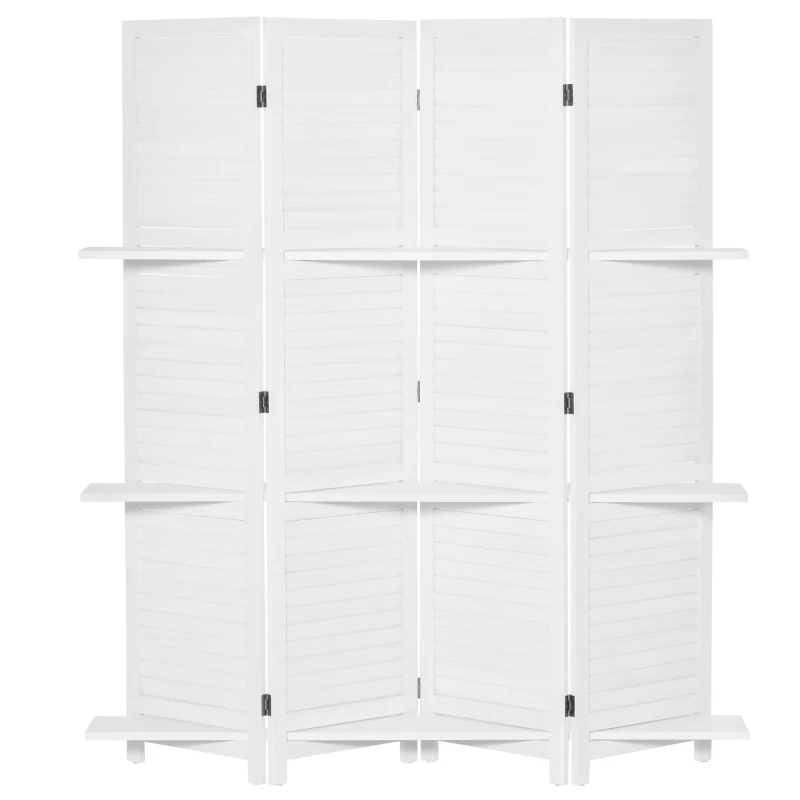 HOMCOM Paravent Intérieur en Bois 4 Panneaux 160 x 170 cm, Séparateur de Pièce Pliable avec 3 Étagères, Cloison de Séparation pour Salon, Chambre à Coucher, Maison, Blanc