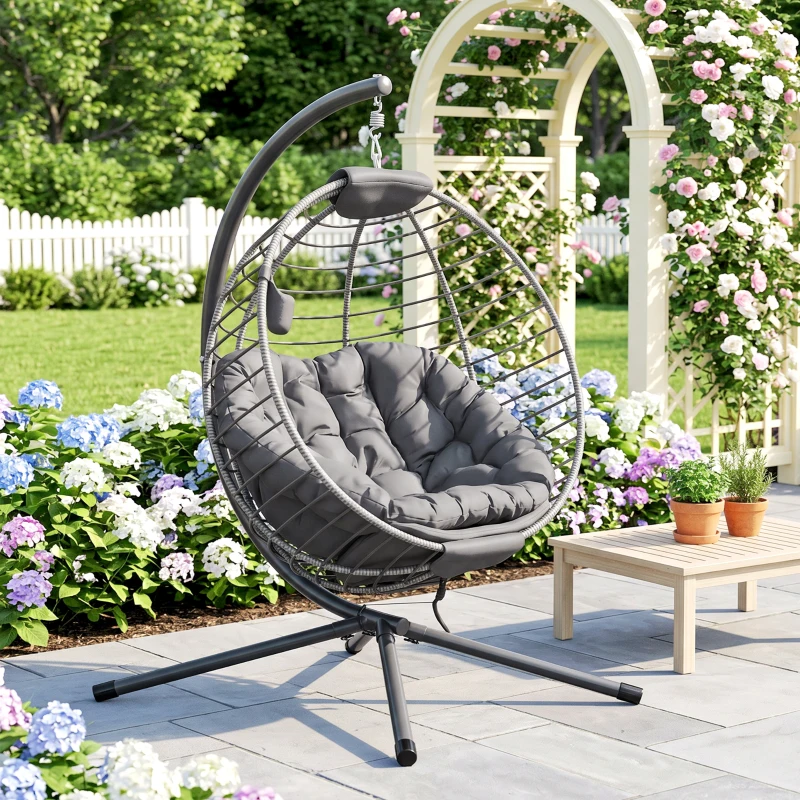 Outsunny PE Rattan Swing Chair, Outdoor Hanging Chair with Metal Stand, Thick Padded Cushion, Foldable Basket and Cup Holder, for Indoor and Outdoor, Grey