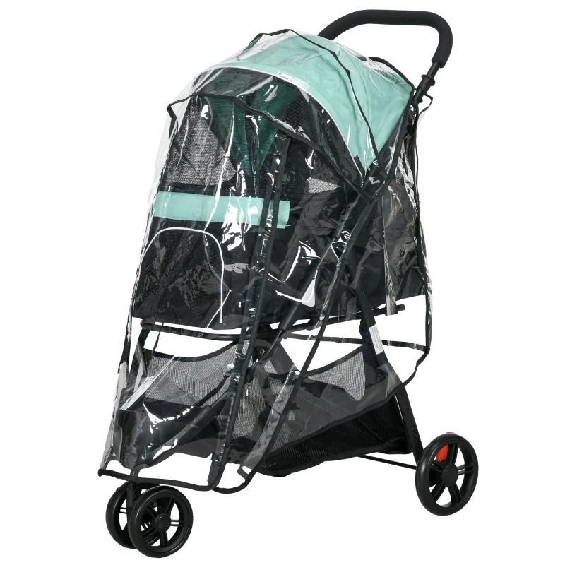 PawHut Haustierbuggy Hundebuggy, klappbar, mit Regenschutz, 2 Getränkehalter, Blau + Grün(m-11)