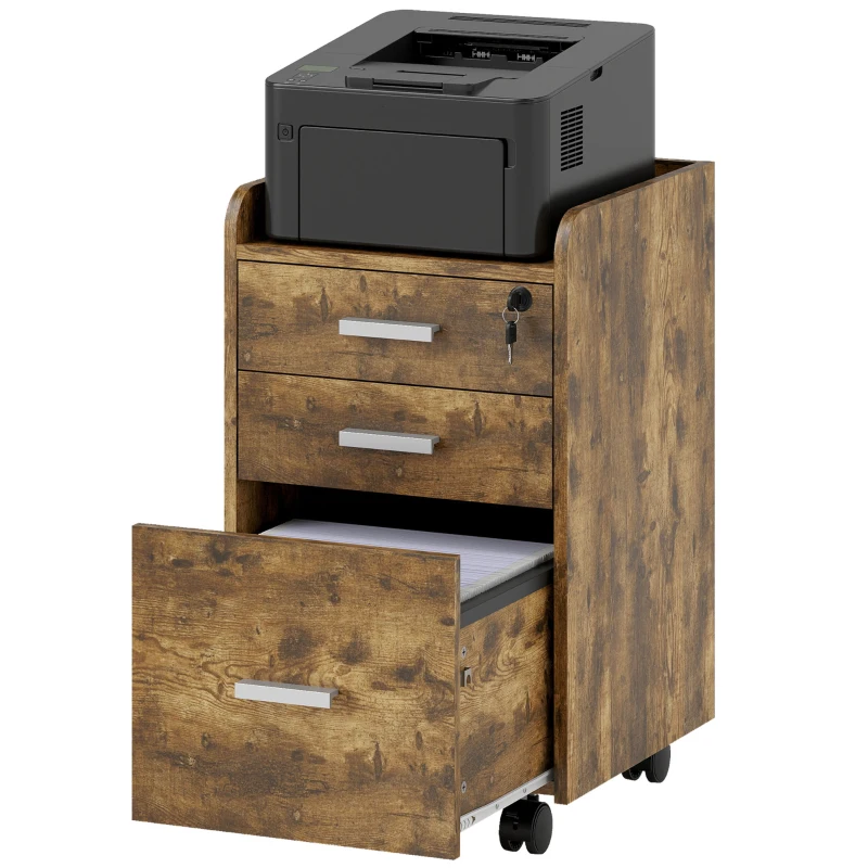 HOMCOM 3 Drawer Filing Cabinet with Lock, Rolling File Cabinet with Edged Top for Letter, A4 Size, Hanging File Folders