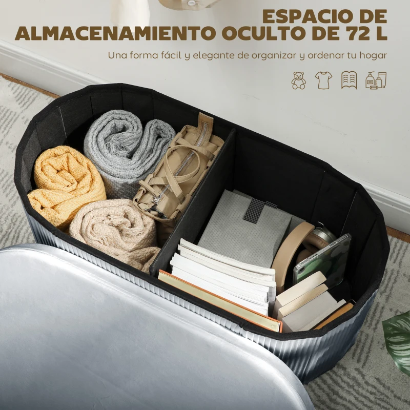 HOMCOM Puff Almacenaje Banco Almacenaje Plegable 72 L 76x38x35 cm Tapizado en Terciopelo Baúl de Almacenamiento Gris Oscuro