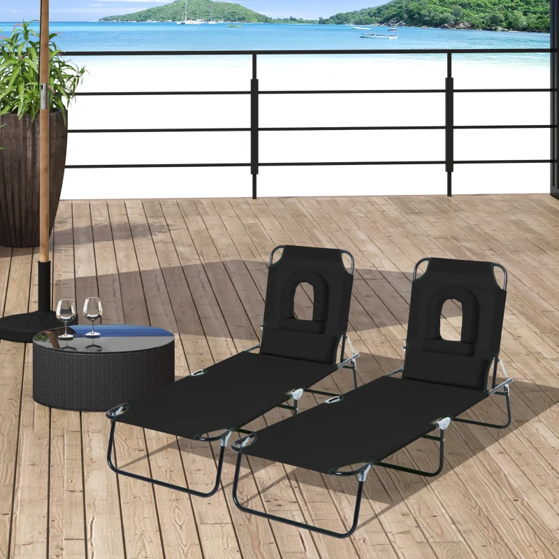 Outsunny Lot de 2 Bains de Soleil Pliable transat inclinable 4 Positions Chaise Longue de Lecture 3 Coussins fournis Noir