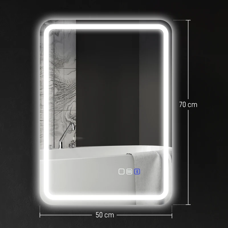 HOMCOM Specchio Bagno LED con Bluetooth, Illuminazione Regolabile e Funzione Memory, in Vetro Temperato, 70x50x3.5 cm