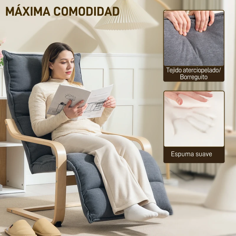 HOMCOM Butaca de Salón con Reposapiés Ajustable Tapizada en Terciopelo con Marco de Madera 67x93x105 cm Gris Oscuro