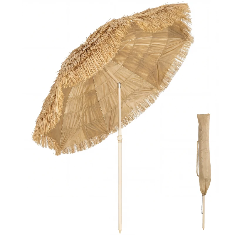 Outsunny Parasol de plage Ø 1,85 m, grand parasol inclinable, style hawaïen, hauteur du mât réglage, sac de transport , kaki