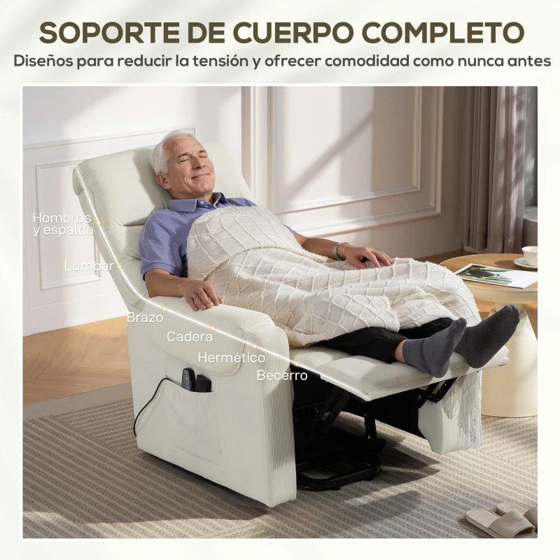 HOMCOM Sillón Levanta Personas con 8 Punto de Masaje Reposapiés Mando a Distancia y Bolsillo Lateral 83x92x110 cm Beige