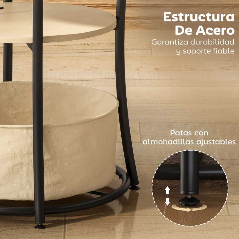 HOMCOM Mesa Auxiliar Redonda de 3 Niveles con Estación de Carga 3 Estantes y Bolsa para Salón Dormitorio Ø50x55,1 cm Natural