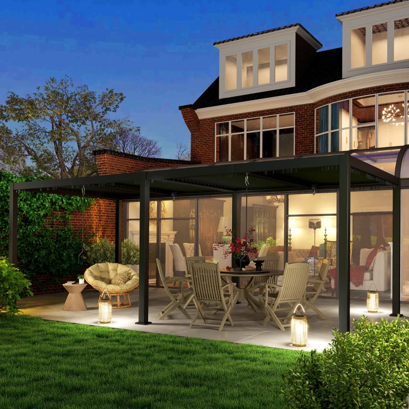 Outsunny Pergola 3 x 6 m  pergola d'extérieur tonnelle avec persiennes manivelle, toit réglable en aluminium crochets gris foncé