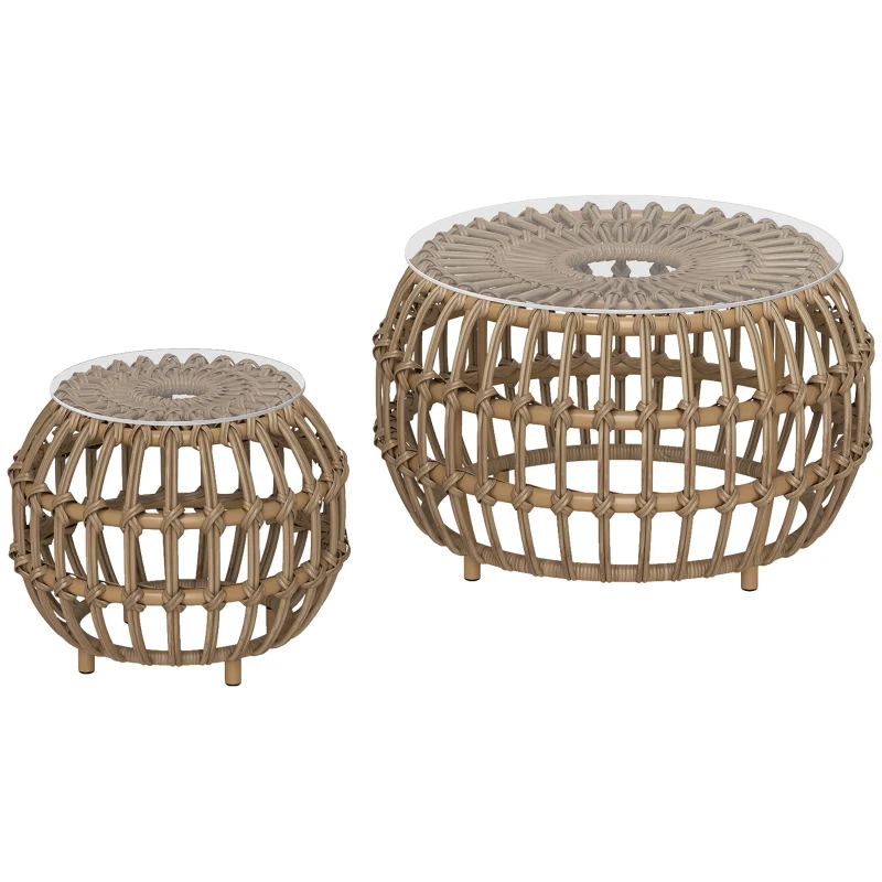 Outsunny 2er Set Beistelltisch Polyrattan Ø66/42 cm rund wetterfest Gartentisch mit Glasplatte Braun