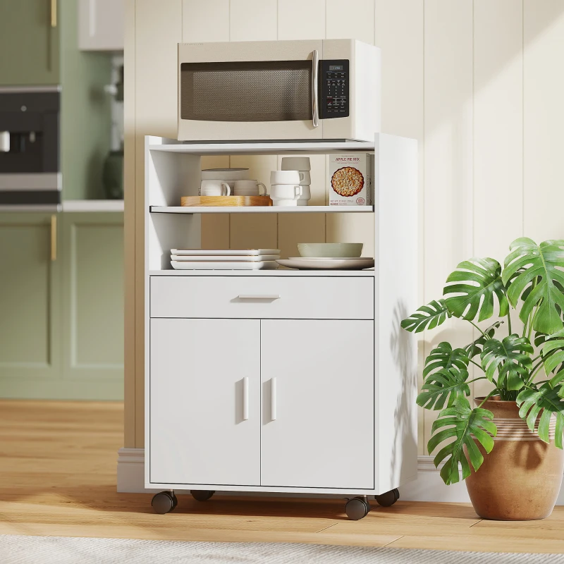 HOMCOM Armário para Micro-ondas Prateleira Armário de Duas Portas Gaveta Rodízios Branco