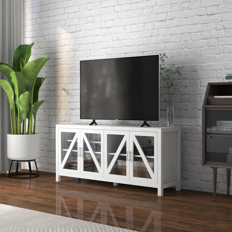 HOMCOM Mueble TV de Salón Mesa para Televisores de hasta 58" con 4 Puertas de Vidrio Estantes Ajustables 130x35x60 cm Blanco