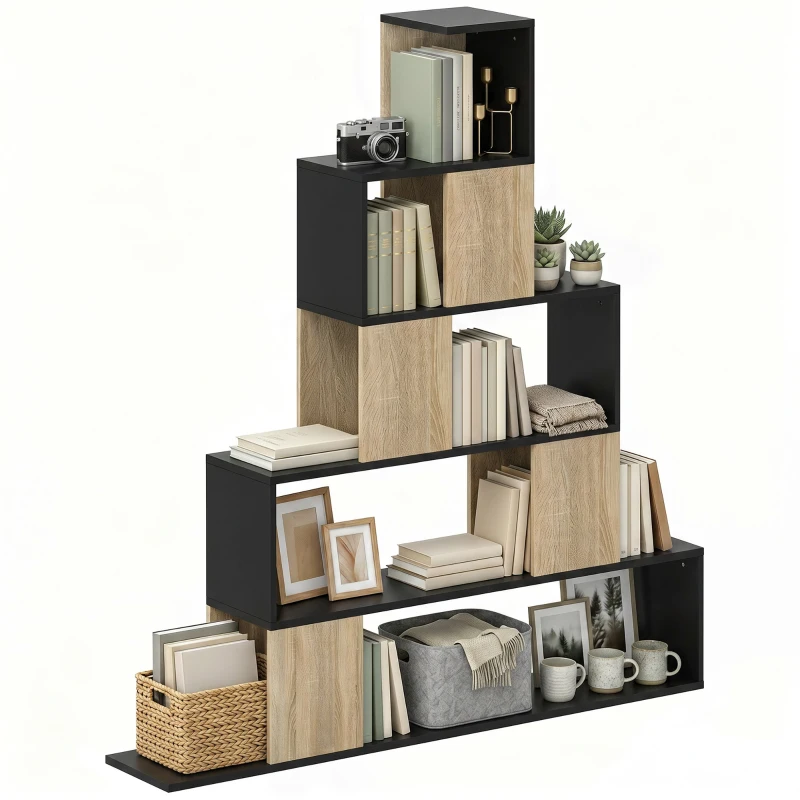 HOMCOM Étagère de rangement, bibliothèque géométrique à 5 niveaux, pour bureau, salon, chambre, noir et bois naturel