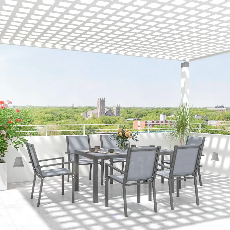 Outsunny Set da Giardino con 6 Sedie Impilabili e Tavolo da Pranzo Rettangolare, Grigio Chiaro