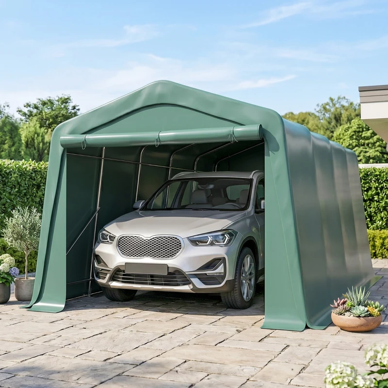 Outsunny Tendone da Giardino per Auto con Ingresso a Cerniera e Picchetti, 600x255-310x255cm, Verde