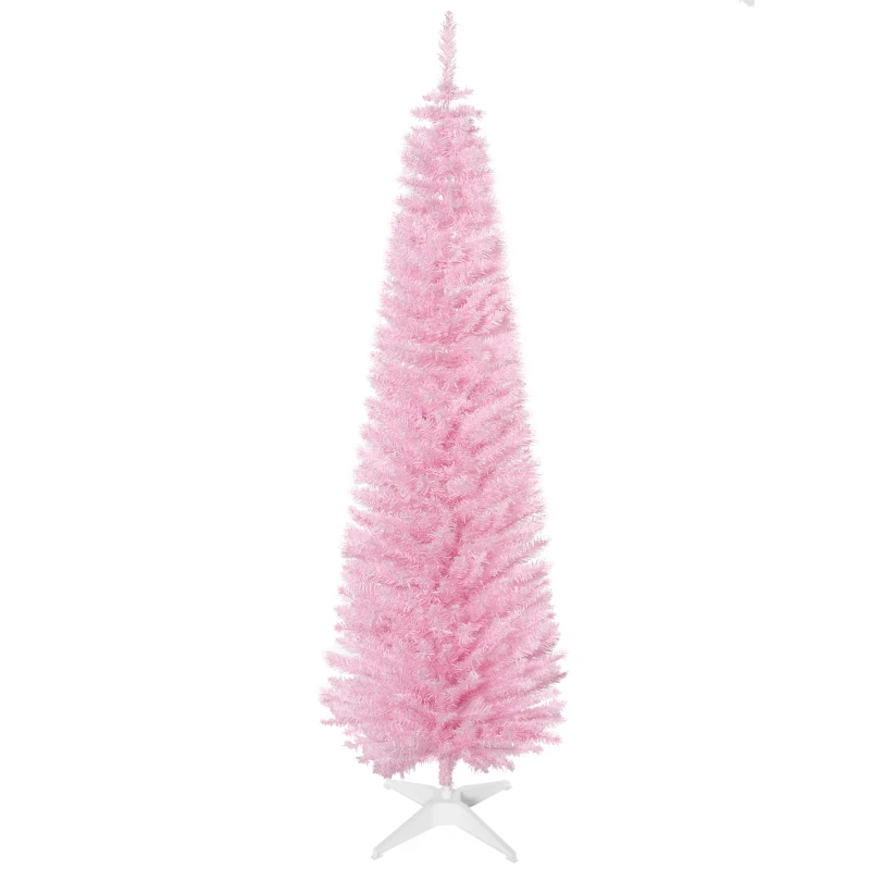 HOMCOM Árbol de Navidad Artificial Estrecho 180 cm con 390 Ramas y Base Desmontable Fácil de Montar Rosa