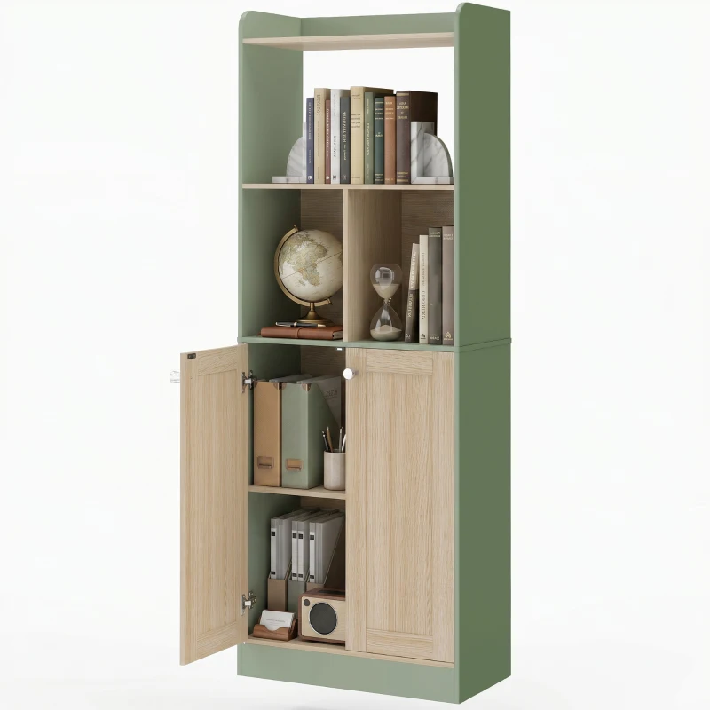 HOMCOM Bibliothèque à 5 niveaux, meuble de rangement, étagère à livres avec 2 portes, 60 x 30 x 161,2 cm vert et bois naturel