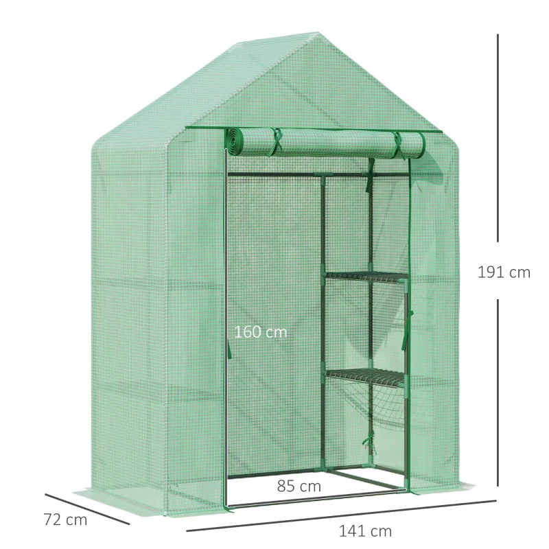 Outsunny Serre de Jardin avec Étagères 3 Niveaux, Petite Serre de Balcon en Bâche PE 140 g/㎡ Renforcée 141 x 72 x 191 cm, Vert