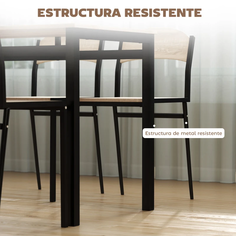 HOMCOM Conjunto de Mesa y 4 Sillas de Comedor para 4 Personas, Estilo Moderno con Estructura Metálica, Roble y Negro