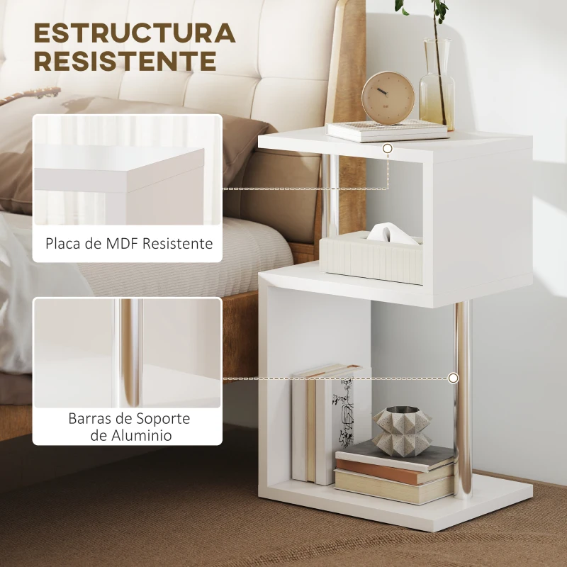 HOMCOM Mesa Auxiliar con Luz LED de 3 Niveles con Estantes y Estructura de Aluminio para Salón Dormitorio 44x38x75 cm Blanco