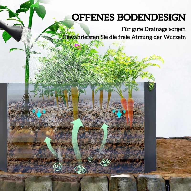 Outsunny Hochbeet Metall 180 x 90 x 57,5 cm Tief Gartenbeet mit Offenem Boden Stützstange Dunkelgrau