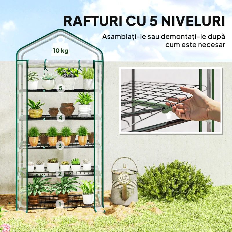 Outsunny Seră tip căsuță cu 5 niveluri, cu ușă rulabilă, din oțel și polietilenă, 90x49x193 cm, transparentă