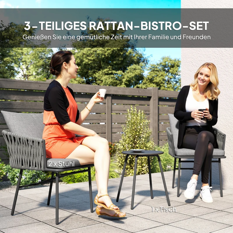 Outsunny 3-teiliges Außenmöbel-Set, 2 Stühle, 1 Tisch, Bistro-Set, Kunst-Rattan, Stahlrahmen, Metalltisch, 4 Kissen, Grau