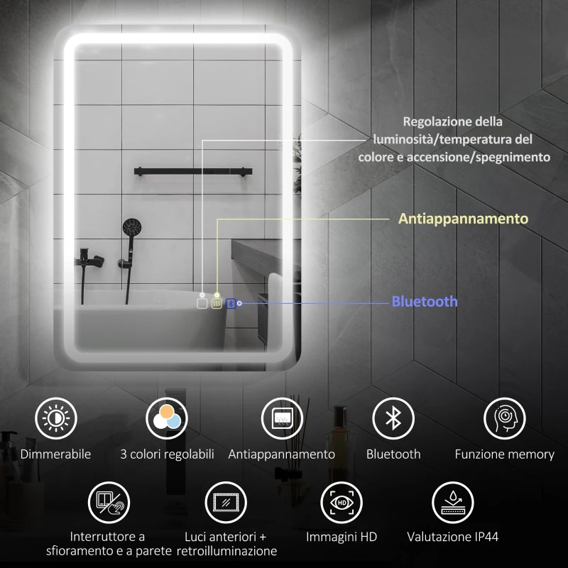 HOMCOM Specchio Bagno LED con Bluetooth, Illuminazione Regolabile e Funzione Memory, in Vetro Temperato, 70x50x3.5 cm