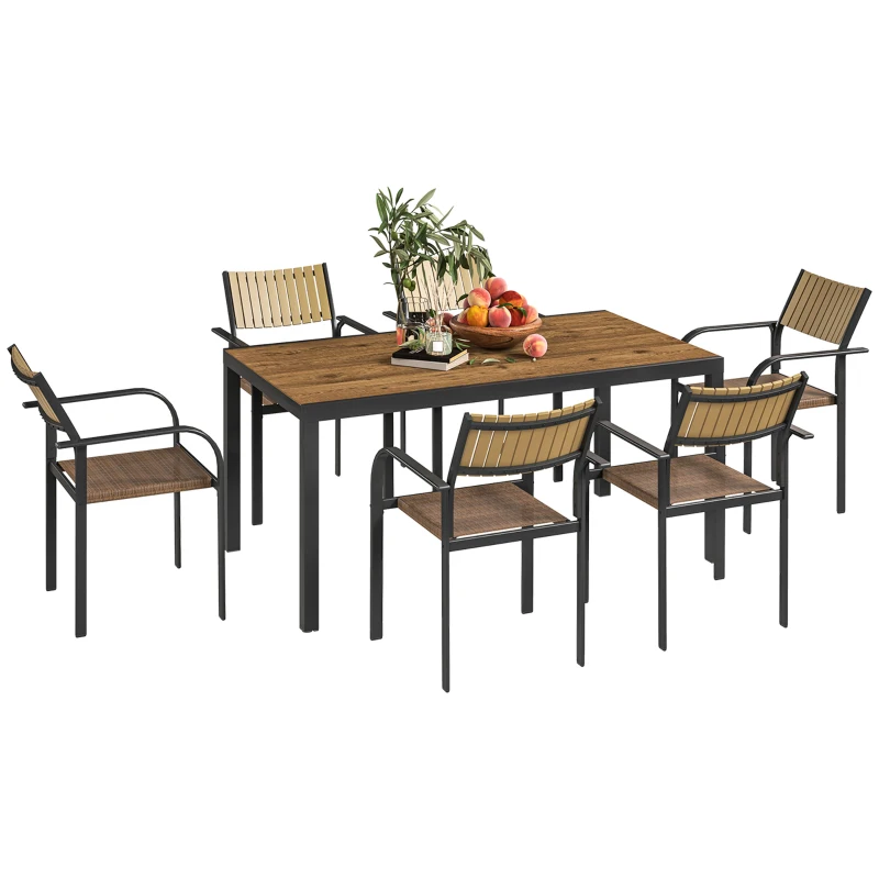 Outsunny Set masă de grădină extensibilă cu 6 scaune de exterior stivuibile, oțel și textilenă, maro
