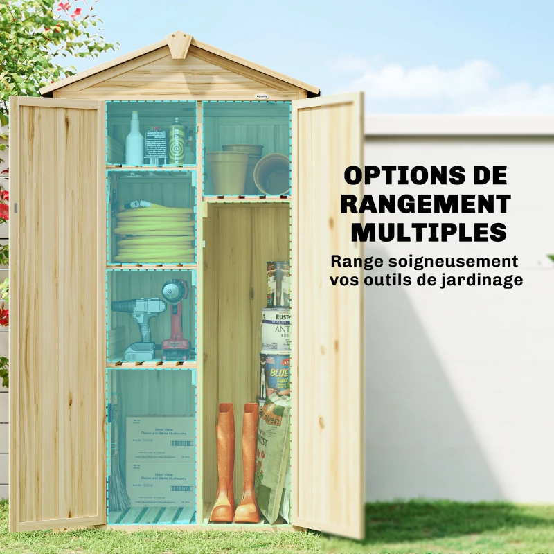 Outsunny Armoire de Jardin Extérieur en Bois 3 Portes, 4 Étagères, Toit à Pignon, Compartiment, 93x53x168cm, Naturel