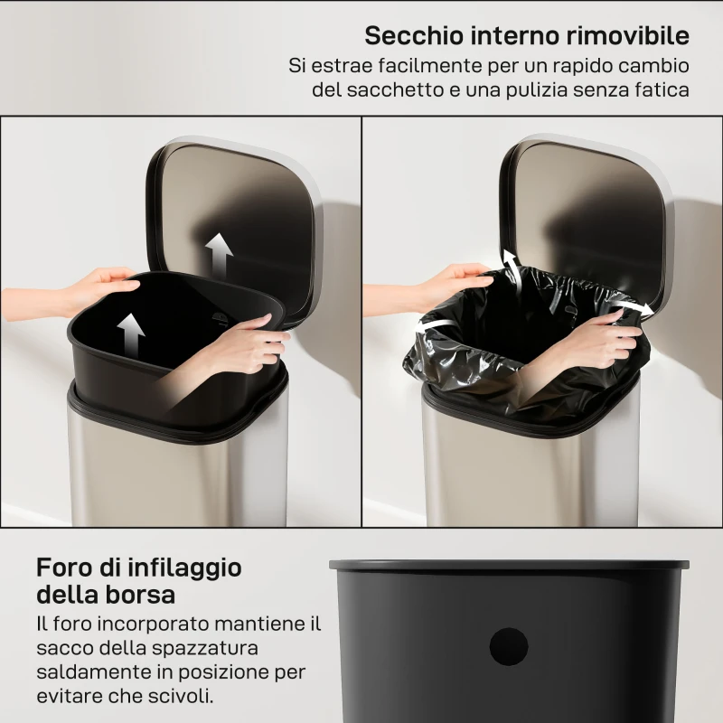 HOMCOM Bidone Immondizia a Pedale da 30L con Secchio Rimovibile, in Metallo e PP, 29x36x59.5 cm, Argento