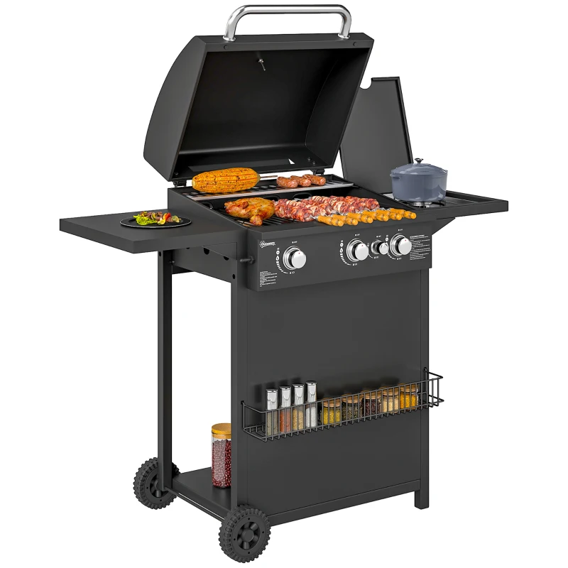 Outsunny Barbecue gaz 3+1 brûleurs en acier, puissance 9,5 kW, barbecue de jardin 2 grilles étagères latérales, 2 roues, noir