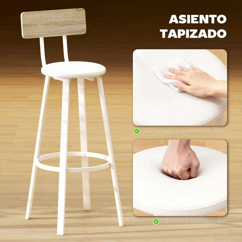HOMCOM Juego de 2 Taburetes Altos de Cocina con Respaldo y Reposapiés Tapizados de PU Asiento de 75,5 cm Natural y Blanco
